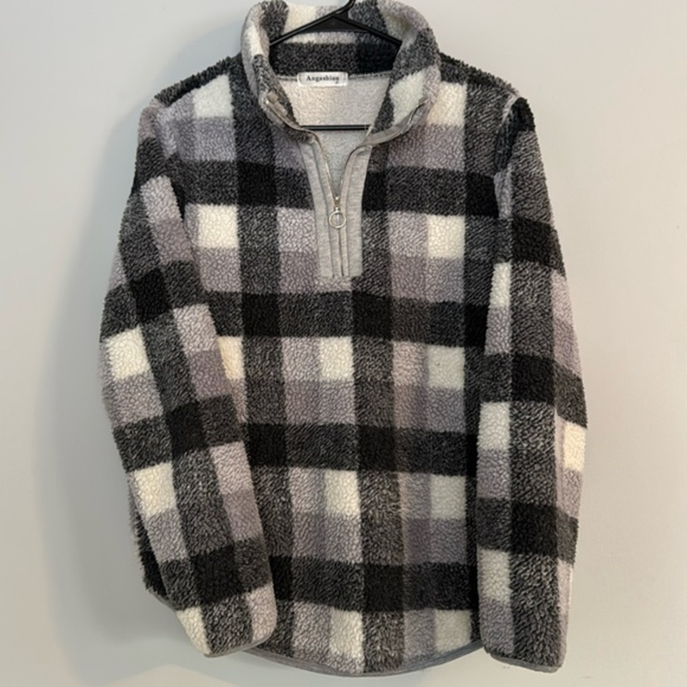 Angashion black, gray and white‎ check teddy bear fleece quarter zip pullover